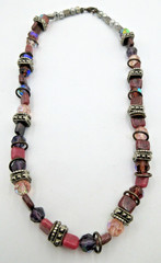 VTG UNUSUAL 20″ HEAVY BEAD necklace pink purple shade gray silver tone metal