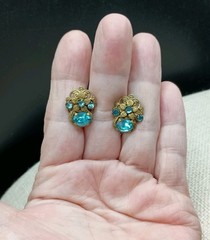 Art Deco Czech Aqua Blue Stone Earrings Flower Basket Gold Tone Screw Back