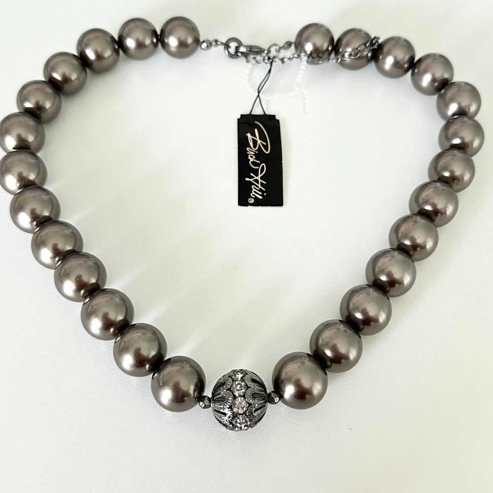 NWT Birch Hill Glass Faux Pearl Chunky Gray Beaded Statement Necklace