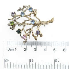 925 Sterling Silver Gold Plated Vintage Real Multi-Color Gem Tree of Life Brooch