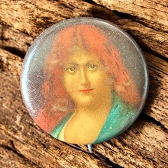 Antique Lithograph Portrait Pin Redhead Woman 1900s Metal Novelty Brooch