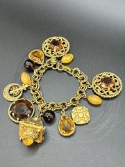 Vintage Mid Century Amber Topaz Rhinestone Charm Bracelet Etruscan Revival
