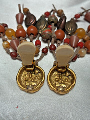 Vintage Catherine Stein Semiprecious Stone Beaded Leather Clip Back Earrings