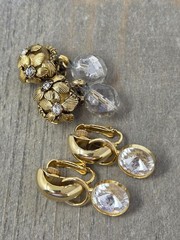 2 Pairs Vintage Gold Tone & Clear Rhinestone Clip-on Earrings Dangle Drop Style