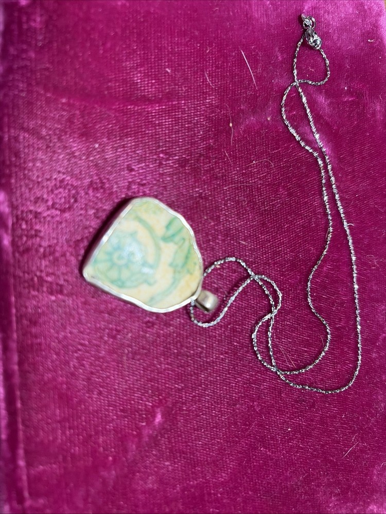 Vintage Pottery Piece Set In Sterling Setting And Chain Pendant 1” X 1.25”