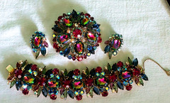 Juliana Rhinestone BRACELET BROOCH EARRING SET Book Pcs Watermelon Vitrail Rare