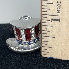 VTG Patriotic USA Uncle Sam Top Hat Lapel Pin Brooch Rhinestone Red Blue Enamel