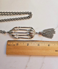 J.J. JONETTE-Vintage Necklace Bird Cage Charm With Tassel Silver Tone Chain 30”