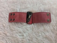 Vintage Red Leather Braclet Glass Center Stone Snap Closure Size OSFM