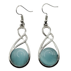 Sky Blue Round Glass Silver Tone Open Metal Drop Dangle Pierced Hook Earrings