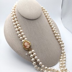 Vintage ERWIN PEARL Double Strand Glass Pearl Necklace Cameo Clasp Opera 23″
