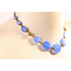 1940s 1950s Purple Blue Circle Disc Glass and Brass Metal Beaded Necklace