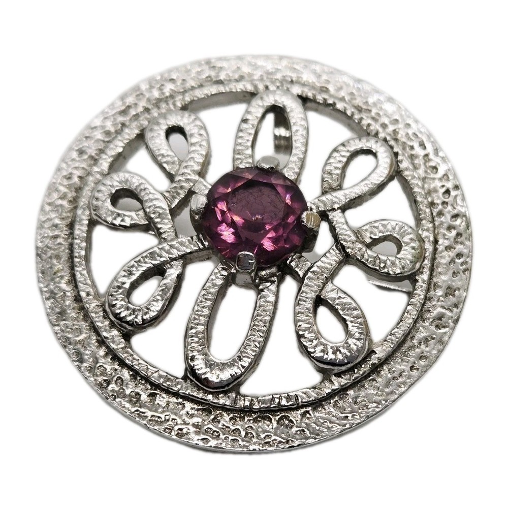 Modernist Brooch Pin Purple Crystal Silver Tone 1.5 in Textured Signed Scottland