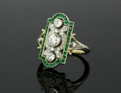 Antique Art Deco Emerald Frame Lab-Created Diamond Engagement Gold Plated Ring