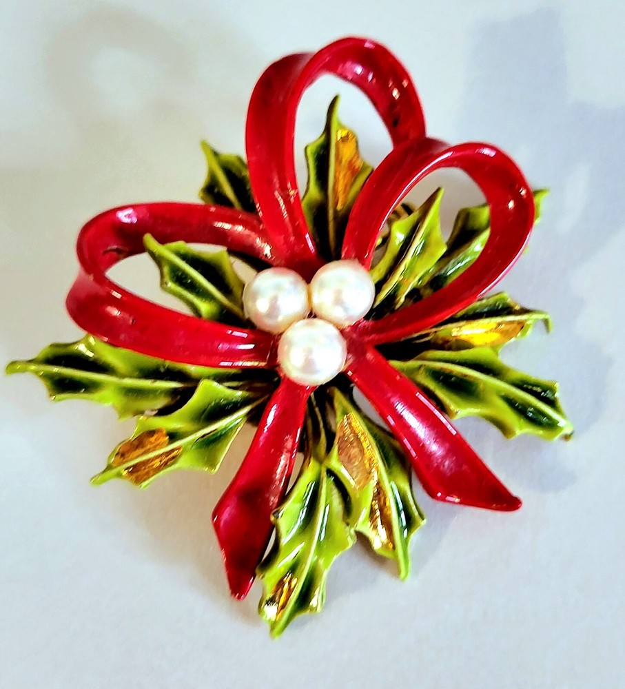 Vintage ART Arthur Pepper Holiday Brooch Spray Greens Fx.Pearls Red Enamel Bow