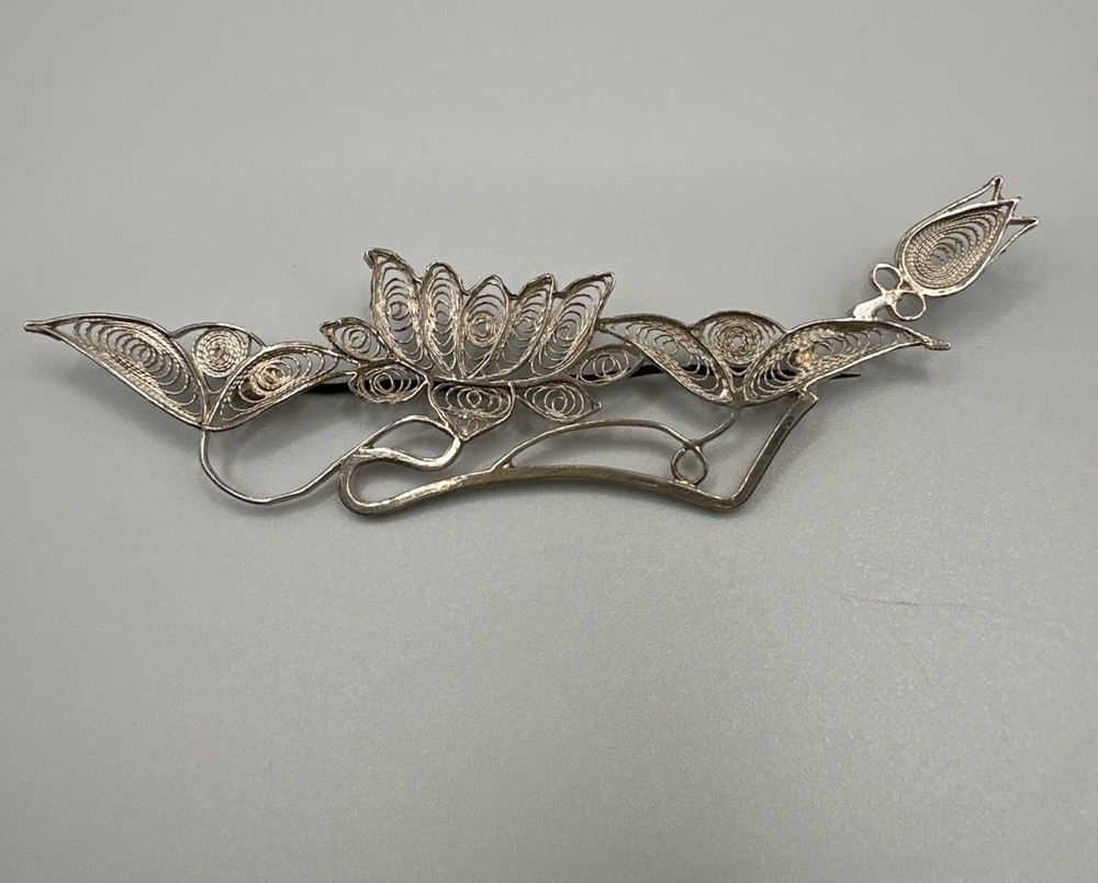Hand Made EUROPEAN Filigree Brooch 4 in. Silver Lotus Floral
