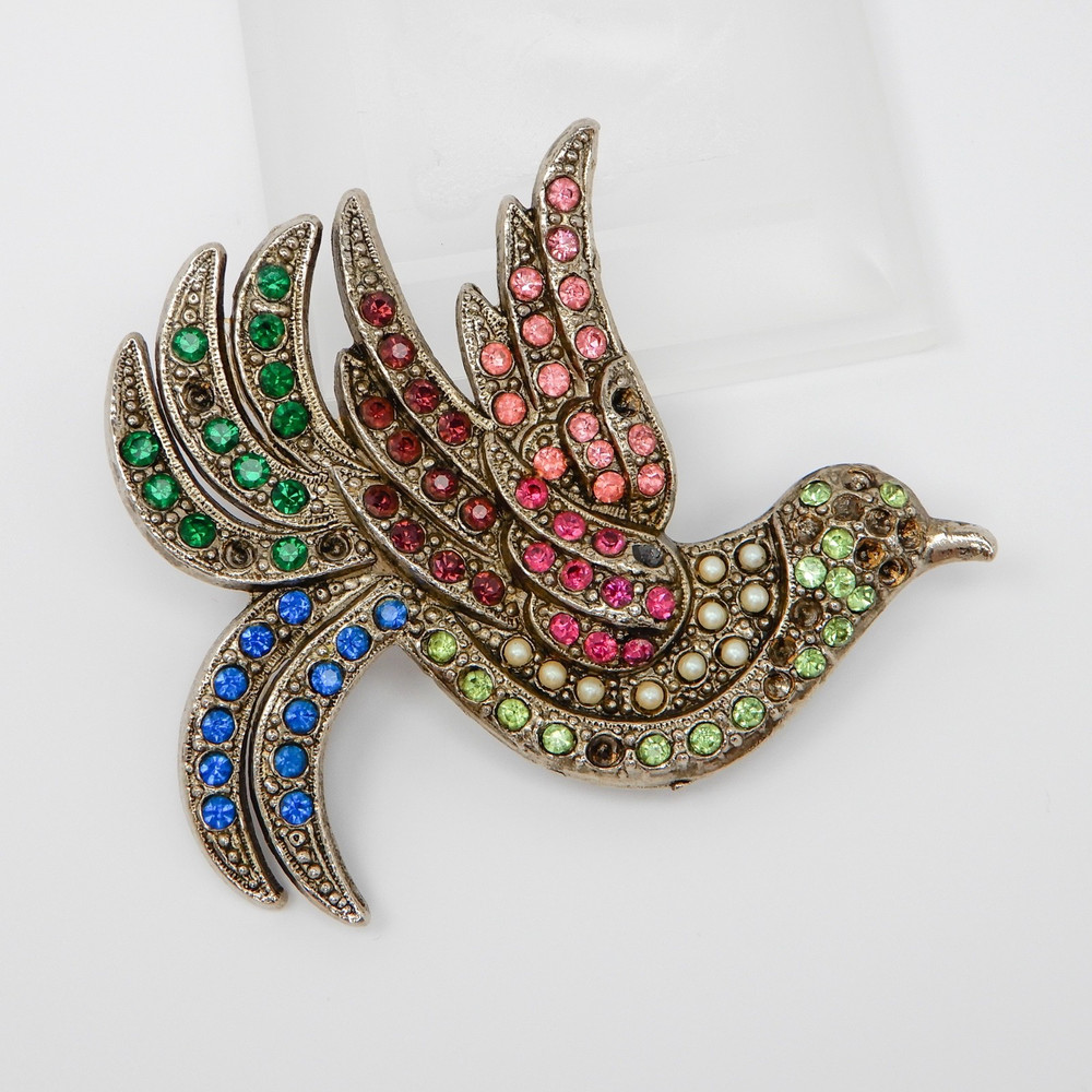 Vintage Pot Metal Brooch Large Bird Figural Pin Multicolor Rhinestones 2.6″