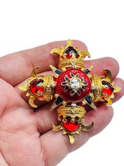 Vintage RJ Graziano Maltese Cross Red Enamel Brooch Pin Gold Tone Blue Baguettes
