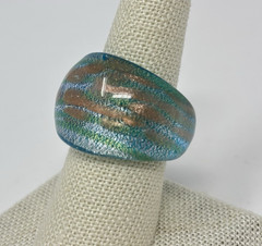 Murano Art Glass Wide Dome Cocktail Ring Blue Gold Chunky Sz 7