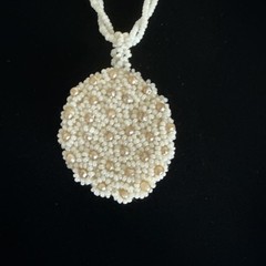 Vintage Hand Beaded Floral Cluster Pendant Necklace Blue & White Glass Seed Bead
