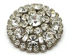 Vintage Large Clear Rhinestone Brooch Pin Domed Round Clear Crystal Silver Tone