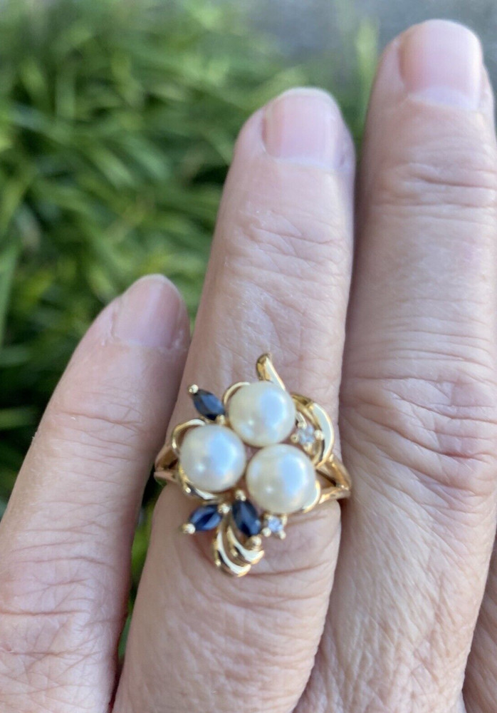 Vintage 14kt yg 3 5.7mm pearls, diamonds & marquise sapphire cluster ring GVT1-L