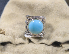 Round Cabochon Larimar Sterling Silver Wide Floral Band Ring & Original Package