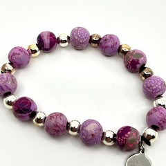 VTG Jilzara Y2K Purple Floral Polymer Clay Bead Stretch Bracelet Silver Accents