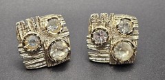 Vintage Modernist Textured Gold Tone Square ClipOn Earrings Clear Crystals 80s