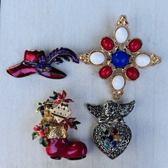Vintage Brooch Lot of 10 – 1970s–1990s Enamel, Glass, Pearl & Marcasite Pins