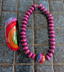 Vintage 80s Matching Necklace And Bangle Bracelet Painted Wood Set