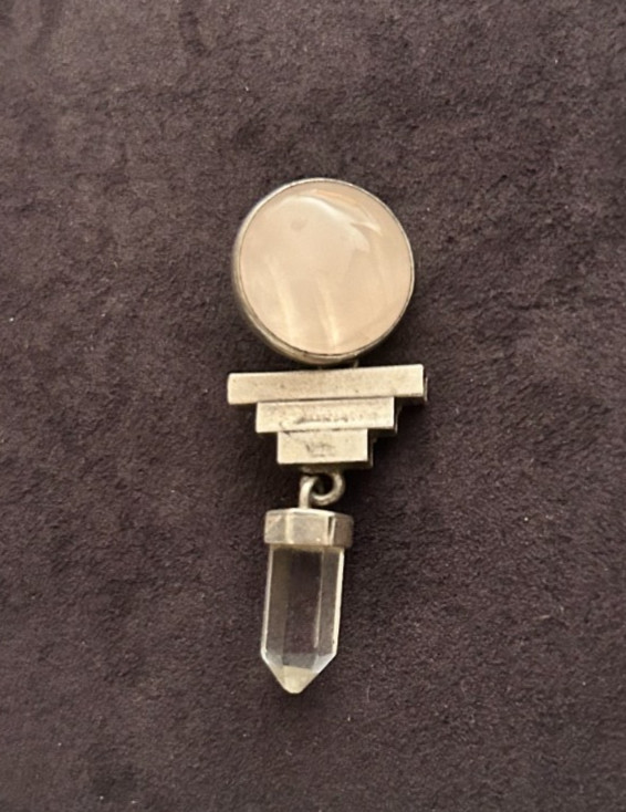 VTG 925 Sterling Silver Rose Clear Quartz Crystal Point Step Pendant Art Deco