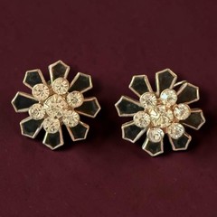 Art Deco Rhinestone Earrings Black Enamel Screwback Cogwheel Vintage