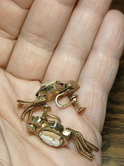 Antique Gold Filled Old/Young Cameo Necklace Double Sided Pendant & Earrings SET