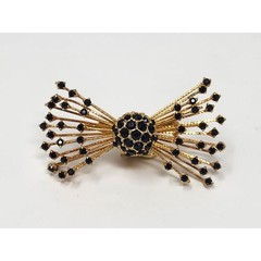 Warner Black Rhinestone Gold Tone Bow Brooch Pin Vintage 2.5 Inches Signed