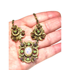 Victorian Revival Faux Fire Opal Pearl Necklace Gold Tone Missing 1 Pearl