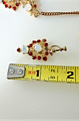 Vtg Gold Tone Lavalier Necklace & Earring Set Opaline Cabochons Red Rhinestones