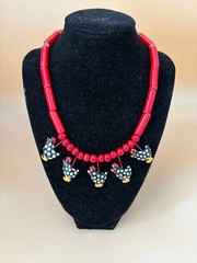 Vintage Flying Colors Red and Black Chicken Necklace Ceramic 17″ ds20
