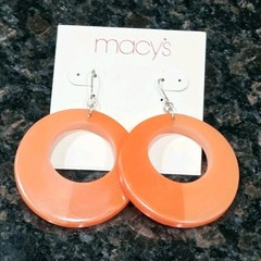 Macy’s Earrings Orange Circle Dangle Drop 80’s style silver tone Vintage 2.5 in