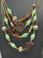 Liz Claiborne Multi Strand Statement Necklace Orange Green Light Gold Tone 18″