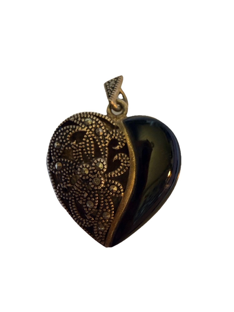 Vintage FAS Heart Shape Locket Pendant Sterling Silver 925 Black Onyx Marcasite
