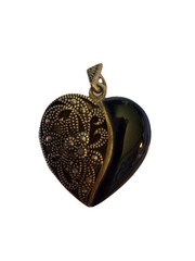 Vintage FAS Heart Shape Locket Pendant Sterling Silver 925 Black Onyx Marcasite