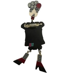 Vintage Folk Art Polymer Clay Figural Brooch Articulated Legs Ruth Ann Grove