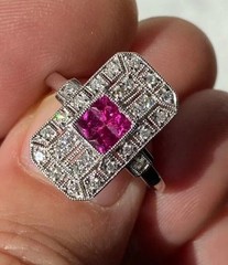 Art Deco Style Ruby & Lab Created Diamond Anniversary Ring 14K White Gold Finish