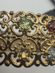 Vintage 925 China Gold Vermeil MultiGemstone Filigree Hinged Bangle Bracelet 30g