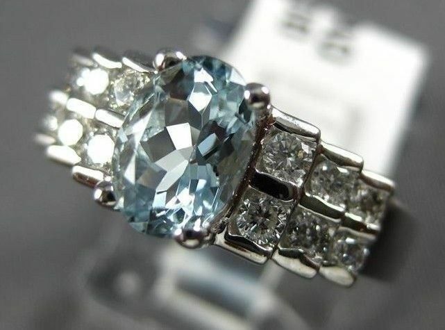 ESTATE 1.03CT DIAMOND & AAA AQUAMARINE 14K WHITE GOLD 3D PYRAMID ENGAGEMENT RING