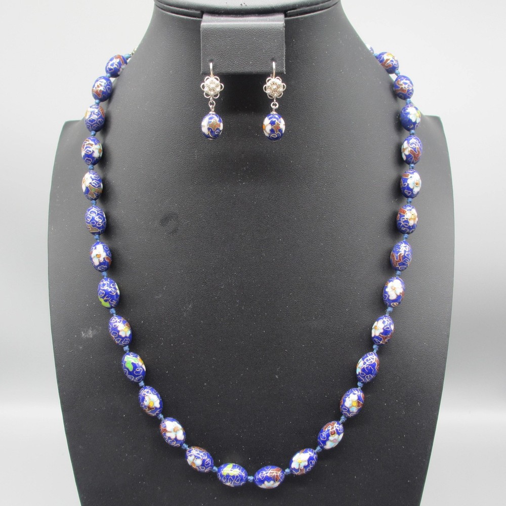 Vintage Cloisonne Necklace Earrings Leverback Signed Silver Tone 27 Inch