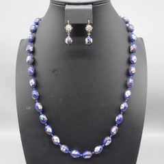 Vintage Cloisonne Necklace Earrings Leverback Signed Silver Tone 27 Inch