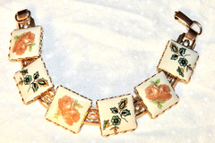 Vintage Ceramic Set Bracelet and Earrings with Flowered Tiles