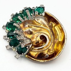 HTF Signed 1940s McClelland Barclay Gold-Tone Green & Clear Rhinestone Pin